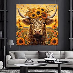 Ayçiçeği Başlı İnek Kanvas Tablo; Renkli İnek Sanatı; Hayvan Dekoru 100x100 cm