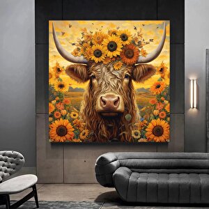 Ayçiçeği Başlı İnek Kanvas Tablo; Renkli İnek Sanatı; Hayvan Dekoru 100x100 cm