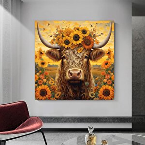 Ayçiçeği Başlı İnek Kanvas Tablo; Renkli İnek Sanatı; Hayvan Dekoru