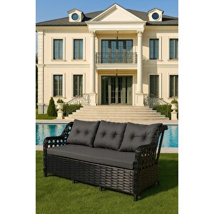7 Kişilik Rattan Bahçe Oturma Grubu – 3+1+1 Koltuk, Cam Masa Ve 2 Puf Hediyeli Antrasit