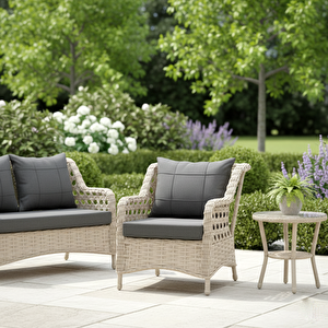 7 Kişilik Rattan Bahçe Oturma Grubu – 3+1+1 Koltuk, Cam Masa Ve 2 Puf Hediyeli