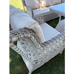 Ayaz 7 Kişilik Rattan Bahçe Oturma Grubu – 3+1+1 Koltuk, Cam Masa Ve 2 Puf Hediyeli