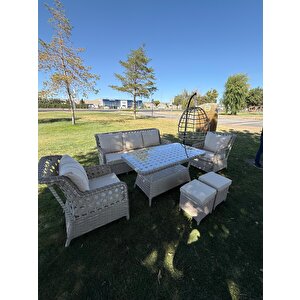 7 Kişilik Rattan Bahçe Oturma Grubu – 3+1+1 Koltuk, Cam Masa 2 Puf Ve Salincak  Hediyeli