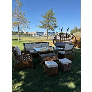 7 Kişilik Rattan Bahçe Oturma Grubu –çi̇ft Ki̇şi̇li̇k Salincak Hedi̇yeli̇ 3+1+1 Koltuk, Cam Masa Ve 2 Puf Hediyeli