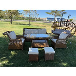 7 Kişilik Rattan Bahçe Oturma Grubu –çi̇ft Ki̇şi̇li̇k Salincak Hedi̇yeli̇ 3+1+1 Koltuk, Cam Masa Ve 2 Puf Hediyeli