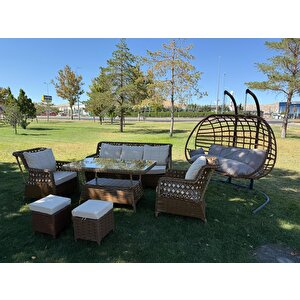 7 Kişilik Rattan Bahçe Oturma Grubu –çi̇ft Ki̇şi̇li̇k Salincak Hedi̇yeli̇ 3+1+1 Koltuk, Cam Masa Ve 2 Puf Hediyeli