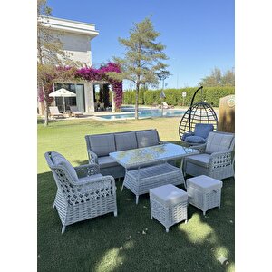 7 Kişilik Rattan Bahçe Oturma Grubu – 3+1+1 Koltuk, Cam Masa Ve 2 Puf Hediyeli Salincakli