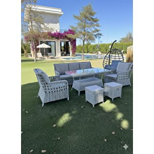 7 Kişilik Rattan Bahçe Oturma Grubu – 3+1+1 Koltuk, Cam Masa Ve 2 Puf Hediyeli Salincakli