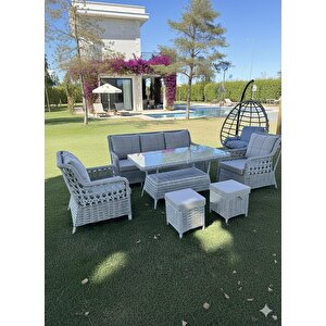 7 Kişilik Rattan Bahçe Oturma Grubu – 3+1+1 Koltuk, Cam Masa Ve 2 Puf Hediyeli Salincakli