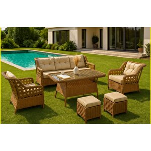 7 Kişilik Rattan Bahçe Oturma Grubu – 3+1+1 Koltuk, Cam Masa Ve 2 Puf Hediyeli