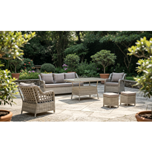 7 Kişilik Rattan Bahçe Oturma Grubu – 3+1+1 Koltuk, Cam Masa Ve 2 Puf Hediyeli