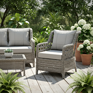 7 Kişilik Rattan Bahçe Oturma Grubu – 3+1+1 Koltuk, Cam Masa Ve 2 Puf Hediyeli