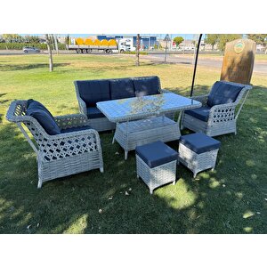 7 Kişilik Rattan Bahçe Oturma Grubu – 3+1+1 Koltuk, Cam Masa Ve 2 Puf Hediyeli
