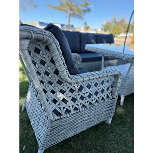 Ayaz 7 Kişilik Rattan Bahçe Oturma Grubu – 3+1+1 Koltuk, Cam Masa Ve 2 Puf Hediyeli