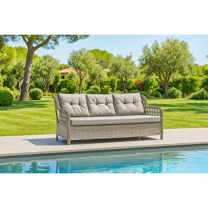 7 Kişilik Rattan Bahçe Oturma Grubu – 3+1+1 Koltuk, Cam Masa Ve 2 Puf Hediyeli Açık Gri