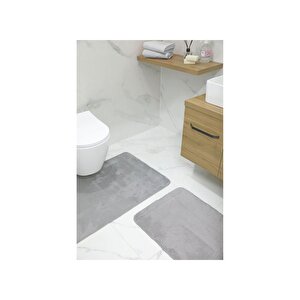 2'li Kaydırmaz Peluş Banyo Paspası Banyo Klozet Takımı Klozet Paspas Takımı, Gri Gri