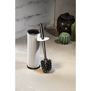 Vintage Beyaz Wc Tuvalet Fırçası – Metal Kapalı Hazneli Stand, (8,5 X 36 Cm) Ergonomik Sap, Hijyenik