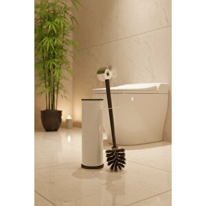 Vintage Beyaz Wc Tuvalet Fırçası – Metal Kapalı Hazneli Stand, (8,5 X 36 Cm) Ergonomik Sap, Hijyenik