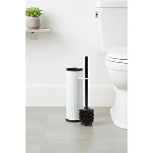 Vintage Beyaz Wc Tuvalet Fırçası – Metal Kapalı Hazneli Stand, (8,5 X 36 Cm) Ergonomik Sap, Hijyenik