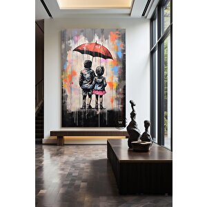 Şemsiyeli İki Çocuk Graffiti Sanatı; Yatak Odası Dekoru; Modern Duvar Sanatı 70x150 cm