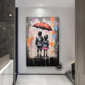 Şemsiyeli İki Çocuk Graffiti Sanatı; Yatak Odası Dekoru; Modern Duvar Sanatı