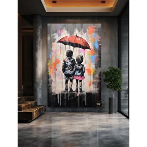 Şemsiyeli İki Çocuk Graffiti Sanatı; Yatak Odası Dekoru; Modern Duvar Sanatı