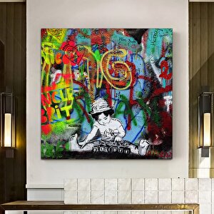 Sokak Sanatı Dj Çocuk Tablosu; Graffiti Tarzı Büyük Dj Kanvas; Graffiti Ve Beatles Sözlerinden İlham 60x60 cm