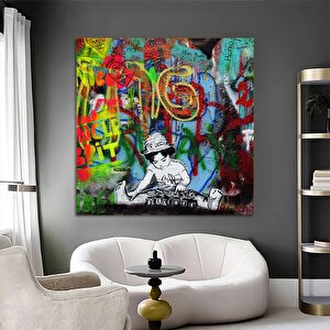 Sokak Sanatı Dj Çocuk Tablosu; Graffiti Tarzı Büyük Dj Kanvas; Graffiti Ve Beatles Sözlerinden İlham 60x60 cm