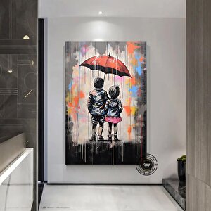 Şemsiyeli İki Çocuk Graffiti Sanatı; Yatak Odası Dekoru; Modern Duvar Sanatı