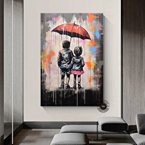 Şemsiyeli İki Çocuk Graffiti Sanatı; Yatak Odası Dekoru; Modern Duvar Sanatı 100x200 cm