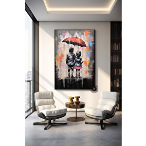 Şemsiyeli İki Çocuk Graffiti Sanatı; Yatak Odası Dekoru; Modern Duvar Sanatı 40x60 cm