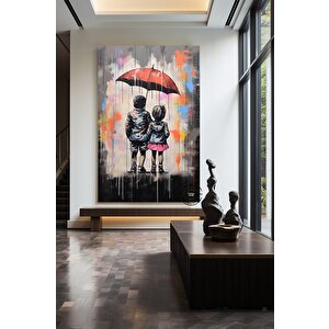 Şemsiyeli İki Çocuk Graffiti Sanatı; Yatak Odası Dekoru; Modern Duvar Sanatı 40x60 cm