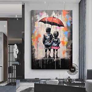 Şemsiyeli İki Çocuk Graffiti Sanatı; Yatak Odası Dekoru; Modern Duvar Sanatı
