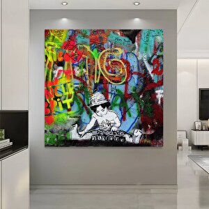 Sokak Sanatı Dj Çocuk Tablosu; Graffiti Tarzı Büyük Dj Kanvas; Graffiti Ve Beatles Sözlerinden İlham