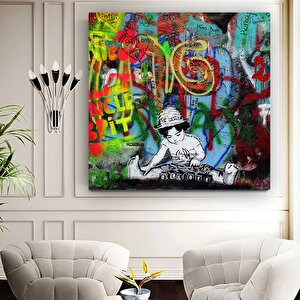Sokak Sanatı Dj Çocuk Tablosu; Graffiti Tarzı Büyük Dj Kanvas; Graffiti Ve Beatles Sözlerinden İlham