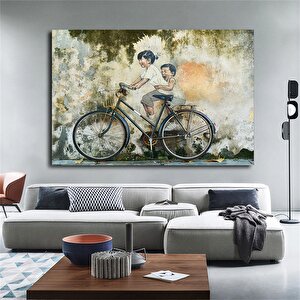 Penang Malezya; Penang Sokak Sanatı; Bisiklete Binen Çocuklar; Sokak Fotoğrafçılığı Kanvası; Graffit 30x40 cm