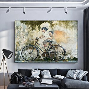 Penang Malezya; Penang Sokak Sanatı; Bisiklete Binen Çocuklar; Sokak Fotoğrafçılığı Kanvası; Graffit 30x40 cm