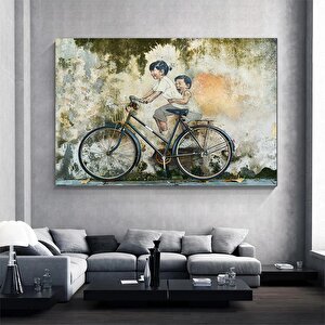 Penang Malezya; Penang Sokak Sanatı; Bisiklete Binen Çocuklar; Sokak Fotoğrafçılığı Kanvası; Graffit