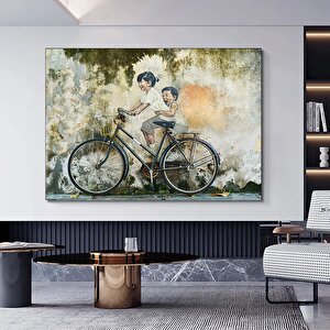 Penang Malezya; Penang Sokak Sanatı; Bisiklete Binen Çocuklar; Sokak Fotoğrafçılığı Kanvası; Graffit 40x60 cm