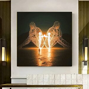 Burning Man Festivalinde Sırt Sırta Veren İki Kişi Tablosu, İçsel Çocuk Temalı Modern Sanat 120x120 cm