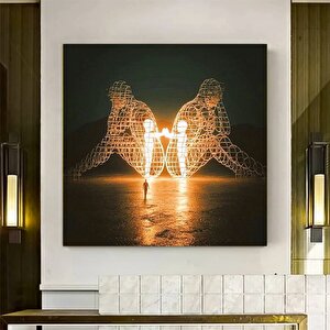 Burning Man Festivalinde Sırt Sırta Veren İki Kişi Tablosu, İçsel Çocuk Temalı Modern Sanat 50x50 cm