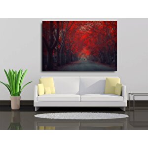 Kırmızı Yapraklı Orman Kanvas Tablosu, Güzel Kırmızı Ağaç Park Baskısı, Manzara Kanvas Tablo 70x150 cm