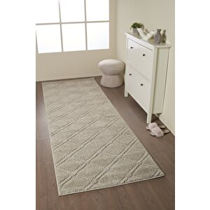 Yumuşak Peluş Tüylü İskandinav Desenli Kabarık Bukleli Bej Renkli Halı 120x350 cm