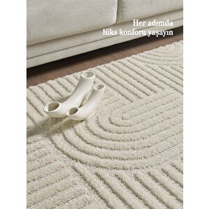 Yumuşak Peluş Tüylü İskandinav Desenli Kabarık Bukleli Krem Renkli Halı 160x250 cm