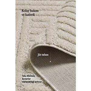 Yumuşak Peluş Tüylü İskandinav Desenli Kabarık Bukleli Krem Renkli Halı