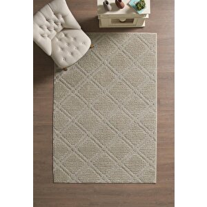 Yumuşak Peluş Tüylü İskandinav Desenli Kabarık Bukleli Bej Renkli Halı 120x500 cm