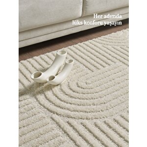 Yumuşak Peluş Tüylü İskandinav Desenli Kabarık Bukleli Krem Renkli Halı 120x450 cm