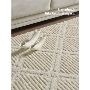Yumuşak Peluş Tüylü İskandinav Desenli Kabarık Bukleli Krem Renkli Halı 80x500 cm