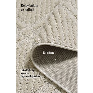 Yumuşak Peluş Tüylü İskandinav Desenli Kabarık Bukleli Krem Renkli Halı