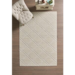 Yumuşak Peluş Tüylü İskandinav Desenli Kabarık Bukleli Krem Renkli Halı 120x200 cm